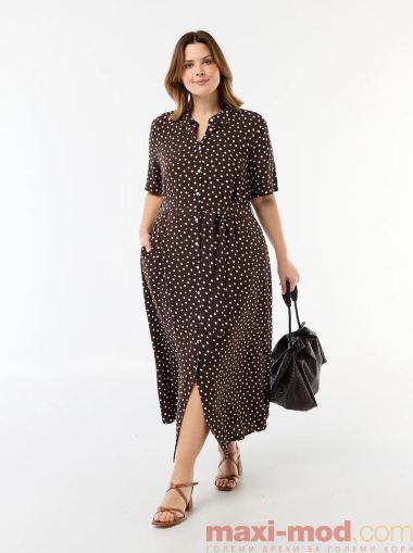 Рокля  с къс ръкав и кафява на бели точки